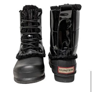 Hunter patent leather shearling lined rain snow boots